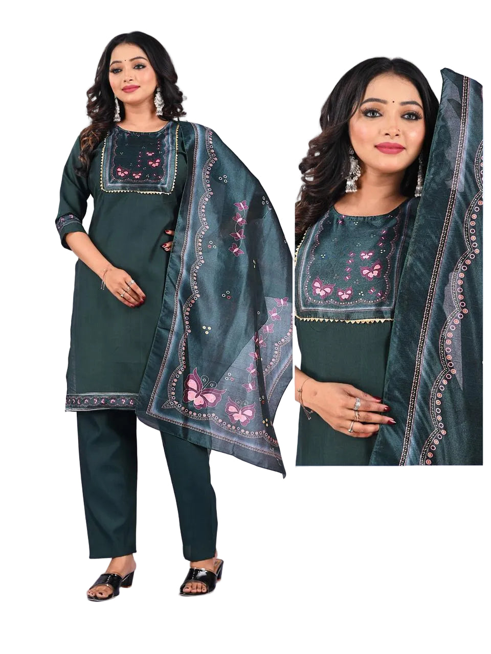 Woman wearing a dark teal embroidered outfit with a dupatta, standing against a light background.