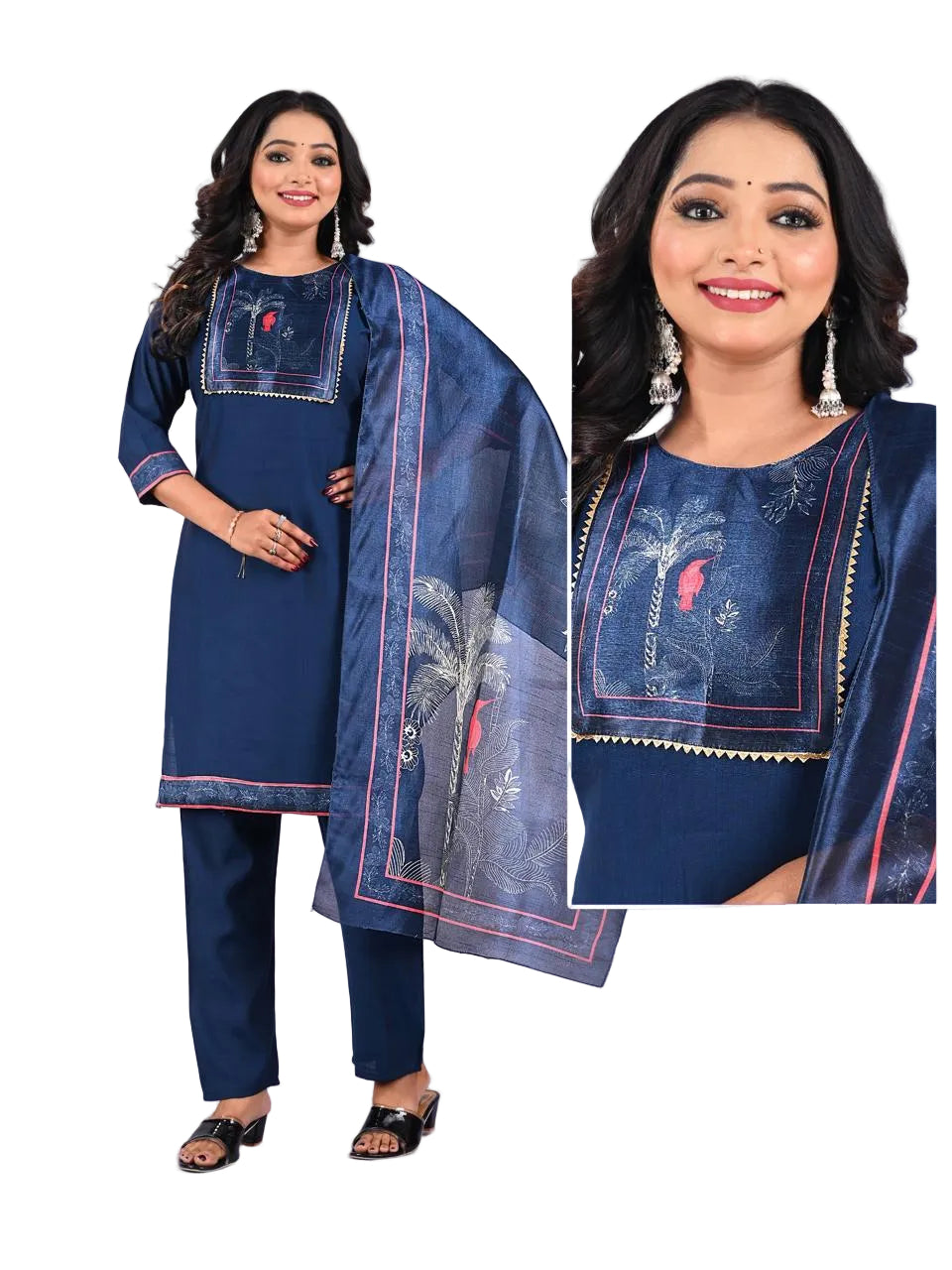 Woman wearing a deep navy blue traditional outfit with a dupatta, standing against a light background.