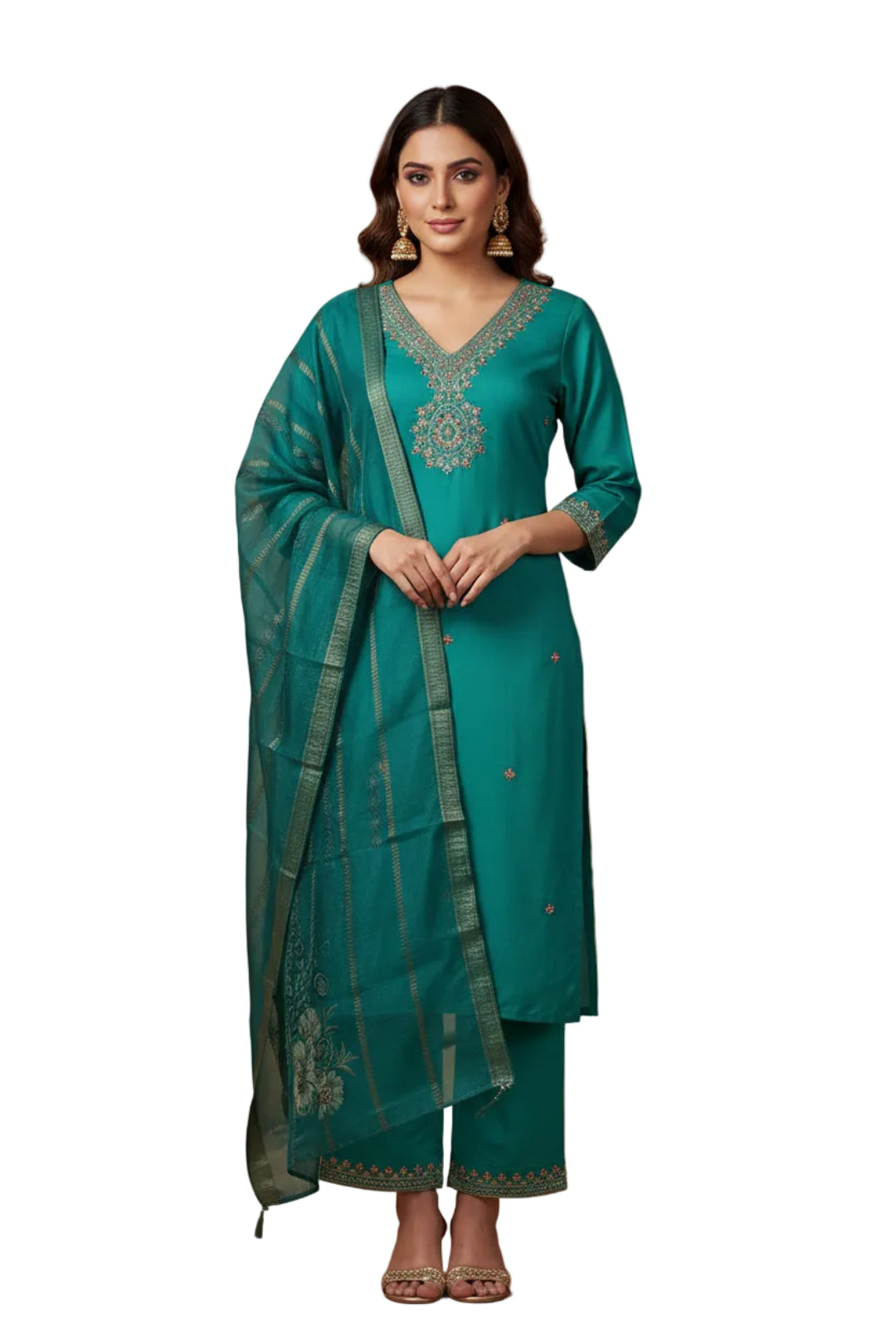 Teal traditional outfit with matching dupatta on a hanger against a white background