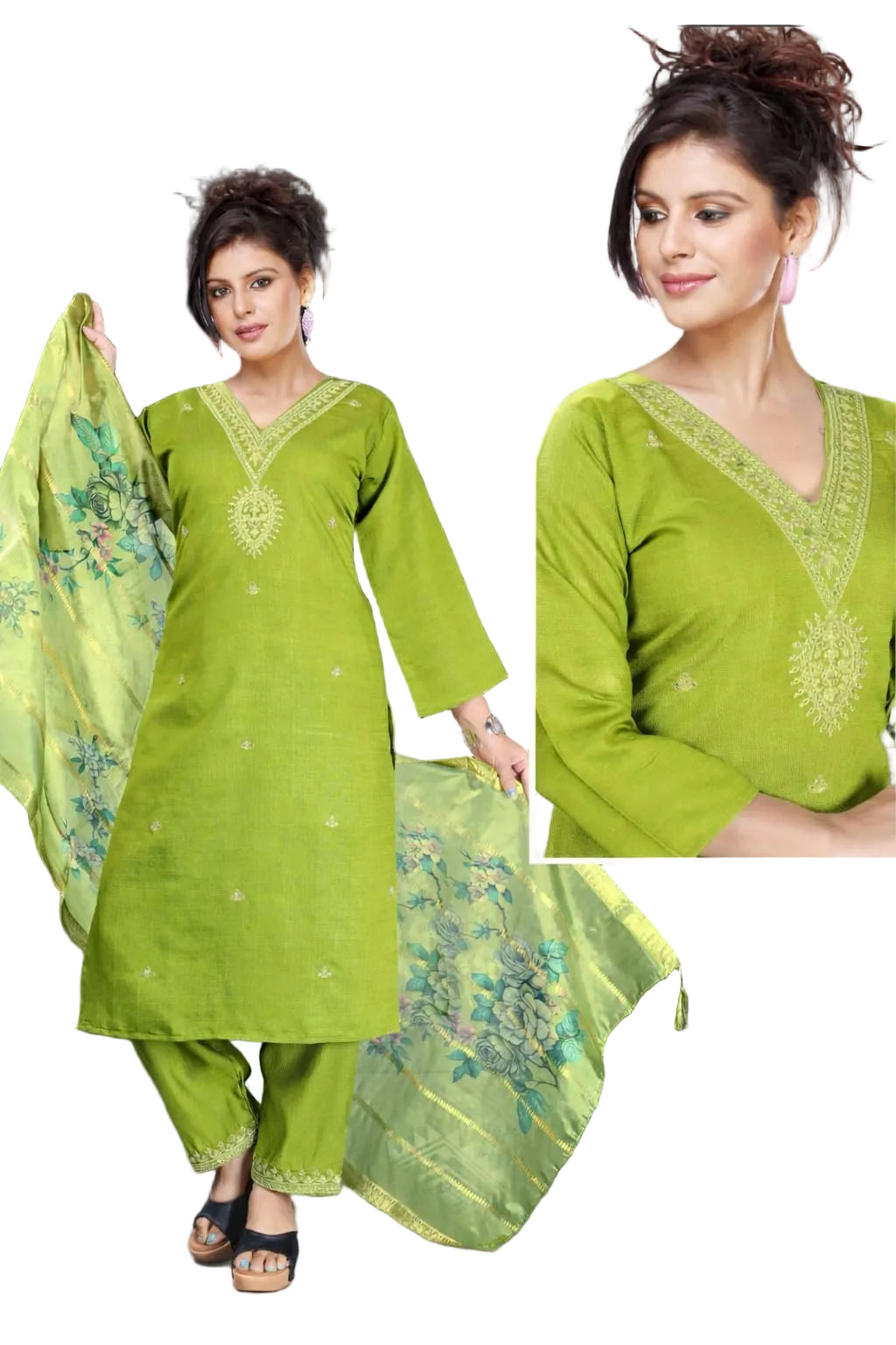 Woman wearing a green traditional outfit with a matching dupatta, posing indoors.