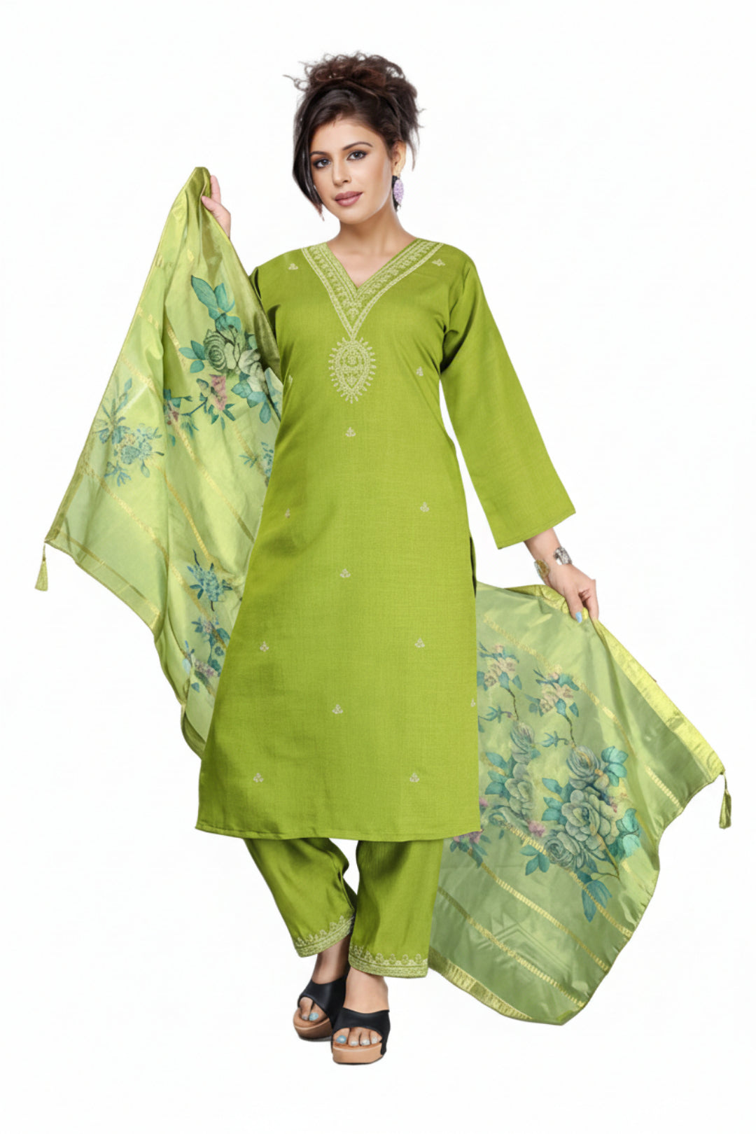 Green traditional outfit with matching dupatta being modeled by a woman on a white background