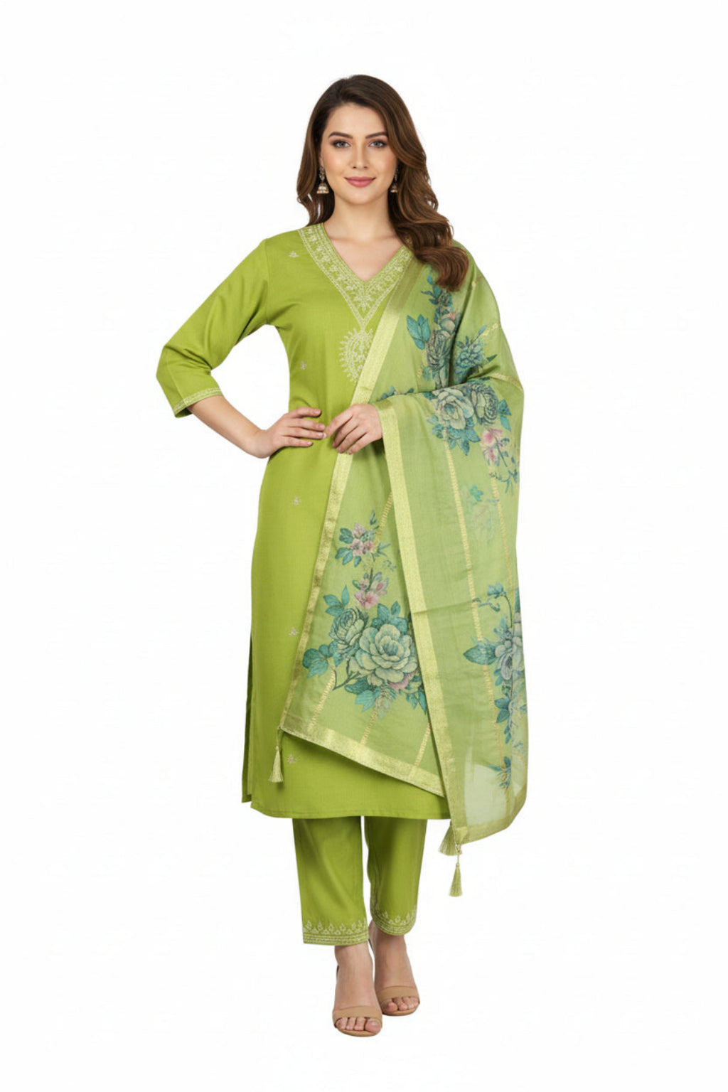 Green traditional outfit with floral dupatta on a white background