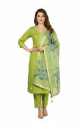 Green traditional outfit with floral dupatta on a white background