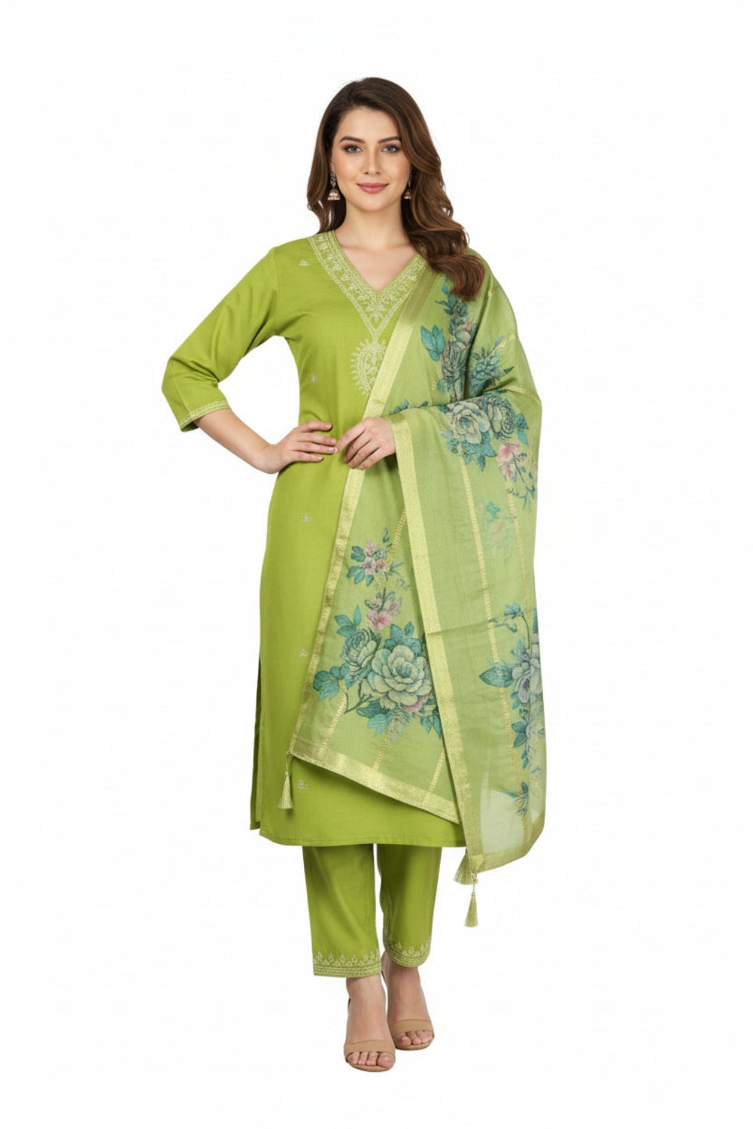 Green traditional outfit with floral dupatta on a white background