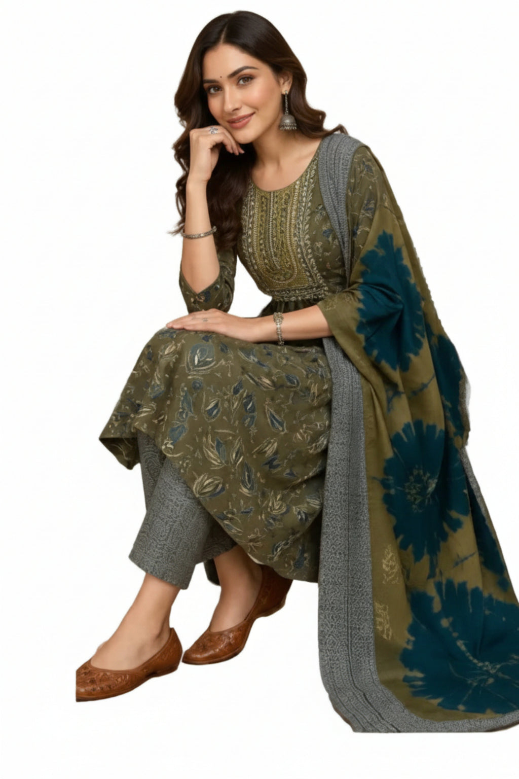 Woman in traditional outfit with a floral patterned dupatta, sitting indoors.