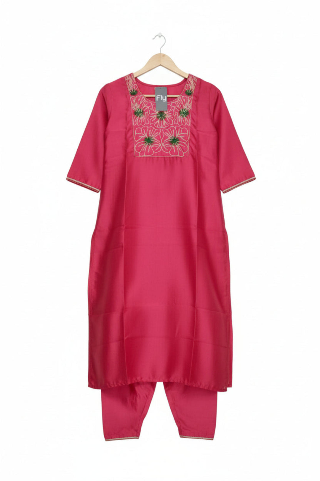 Red kurta with floral embroidery on a white background