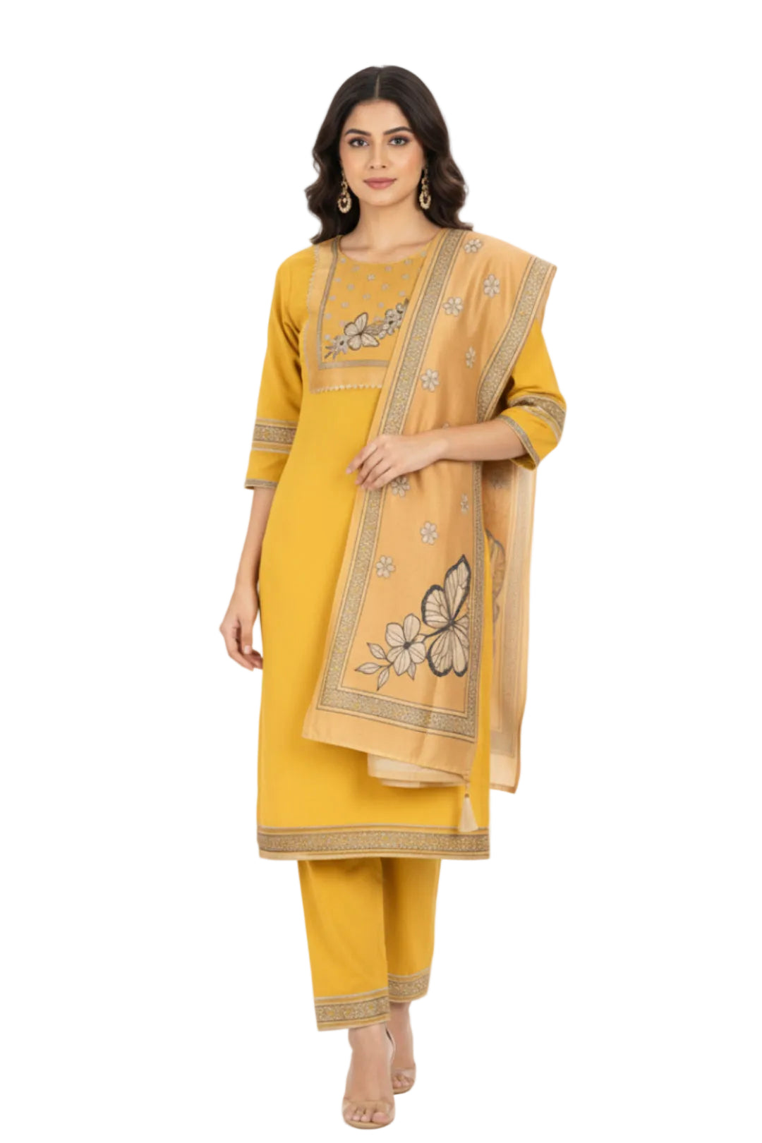 Yellow traditional outfit with floral embroidery on a white background