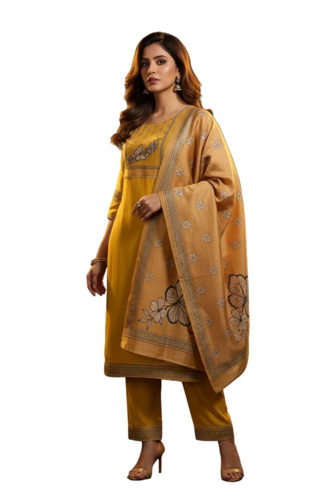 Yellow traditional outfit with floral embroidery on a white background