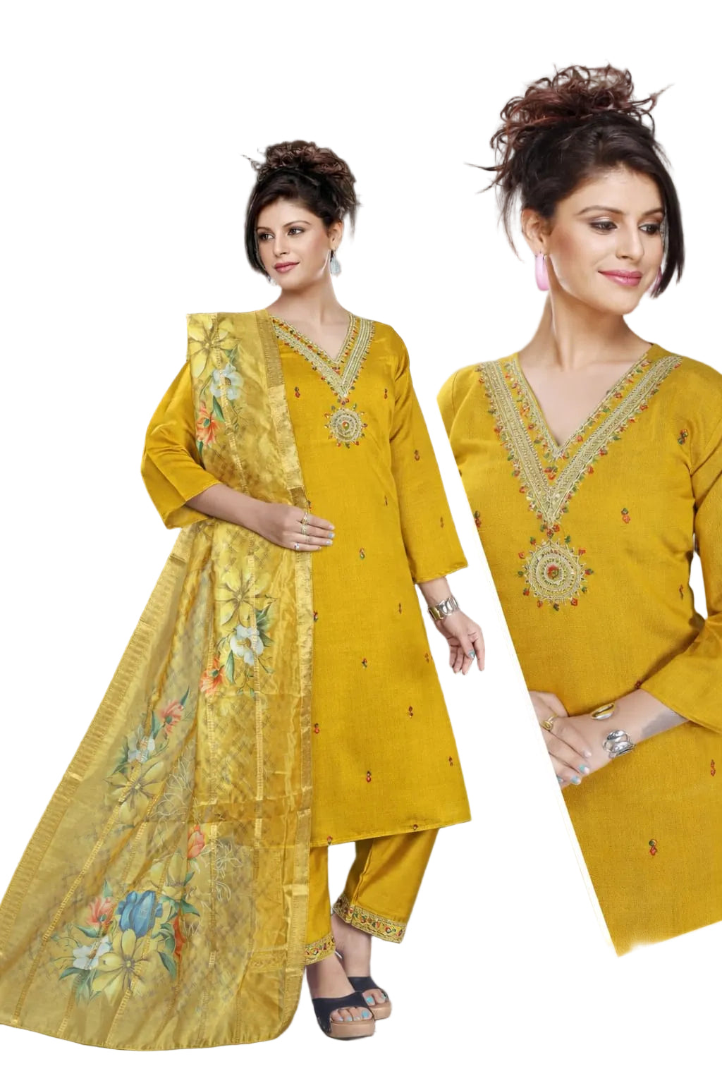 Woman wearing a yellow traditional outfit with floral embroidery in two different poses.