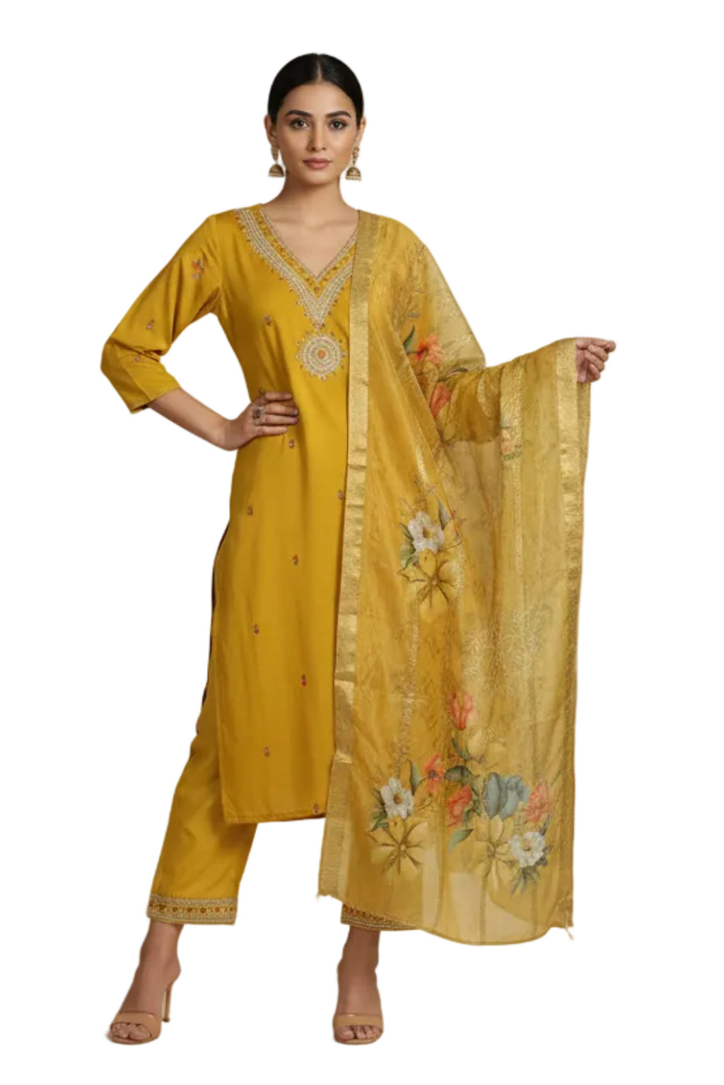 Yellow traditional outfit with floral embroidery on a white background