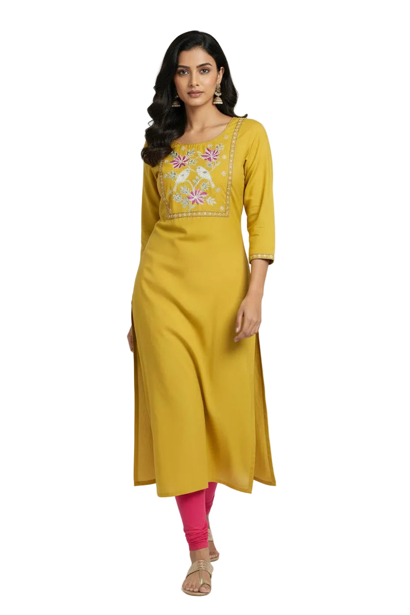 Woman wearing a yellow kurta with floral embroidery on a white background
