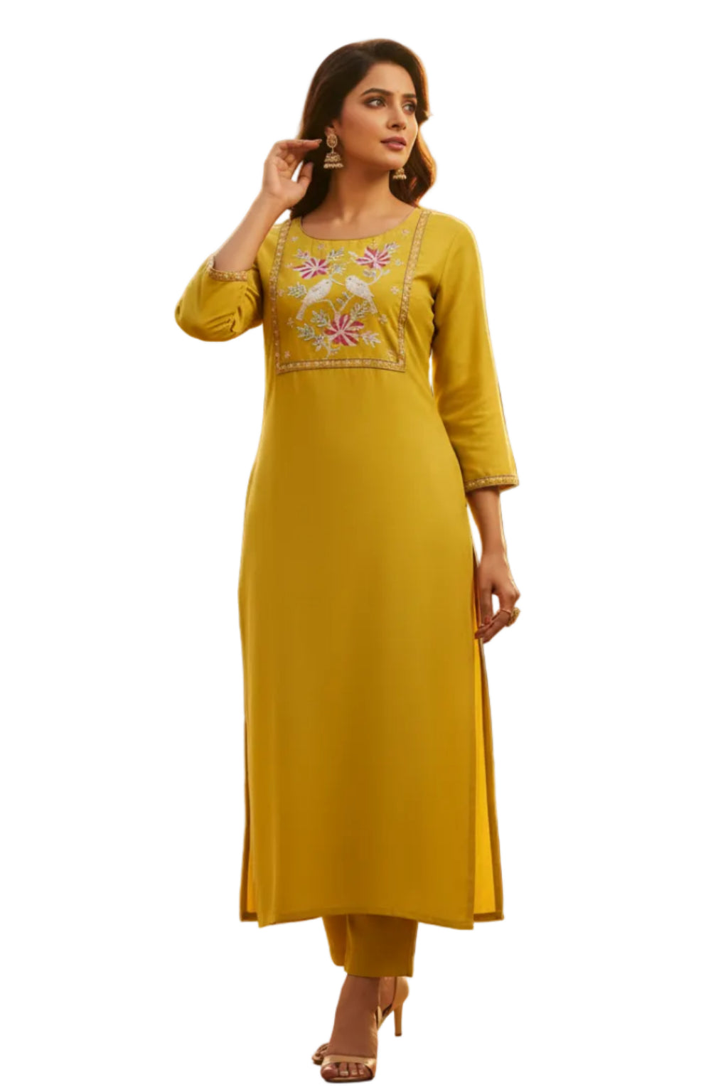 Woman wearing a yellow kurta with floral embroidery on a white background