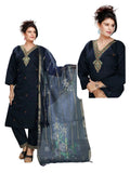 Woman wearing a navy blue traditional outfit with a digital duppata, set against a neutral background.