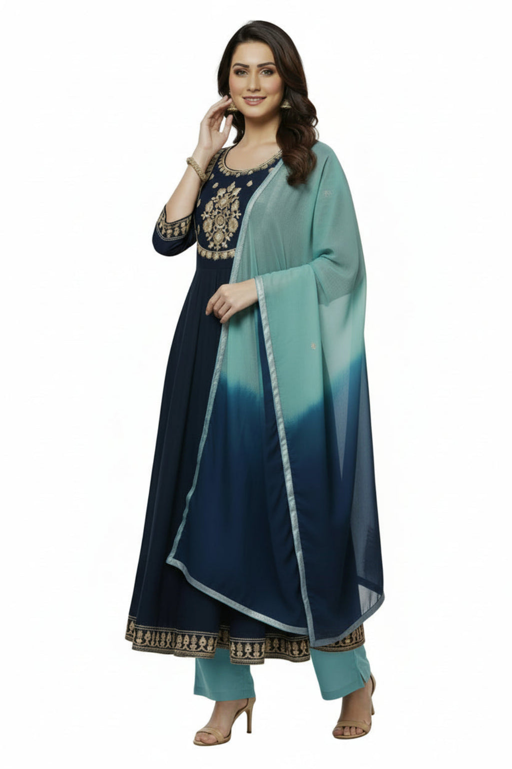 Woman wearing a navy blue embroidered dress with a sky blue dupatta on a white background