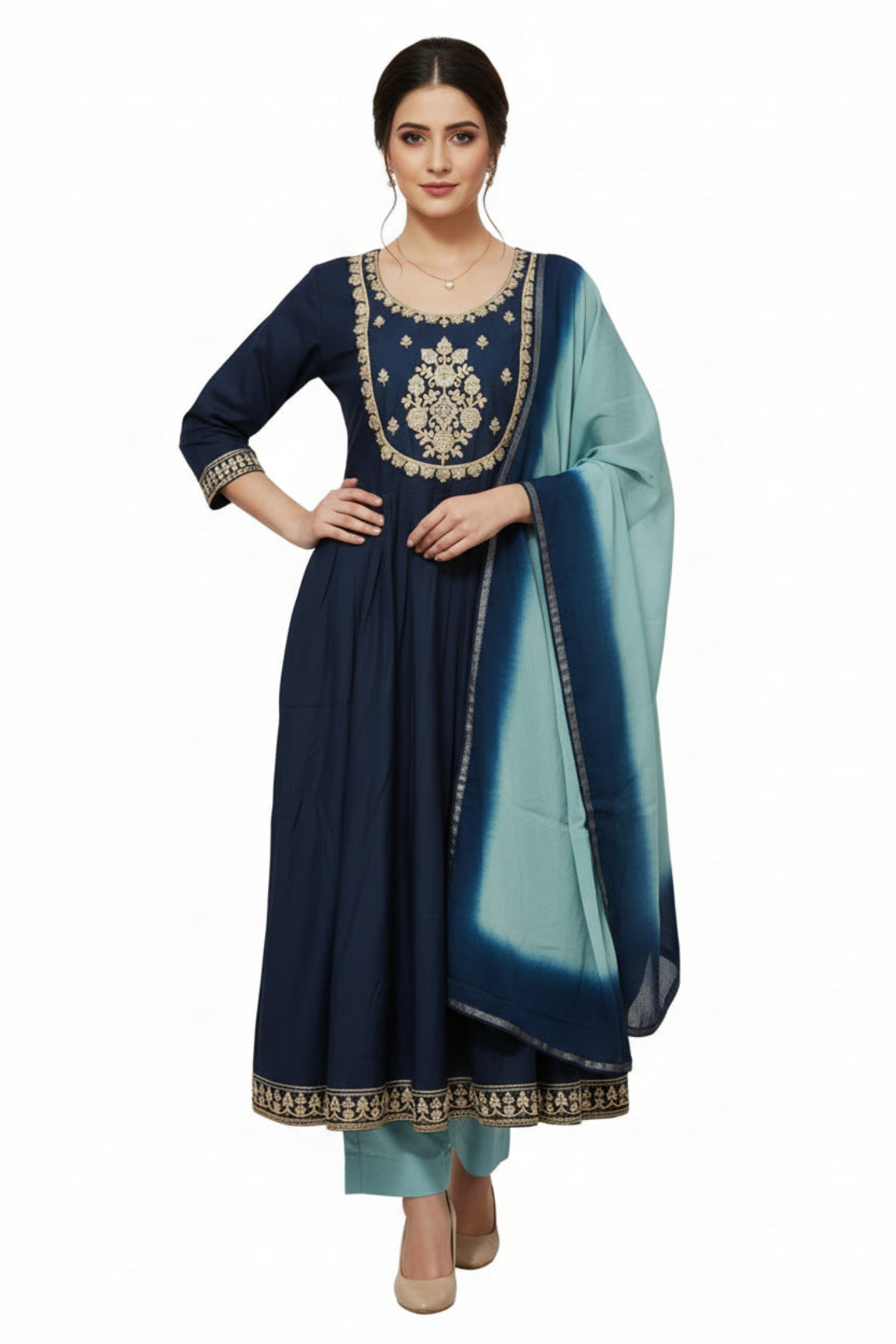 Navy blue traditional outfit with gold embroidery and a light blue dupatta on a white background
