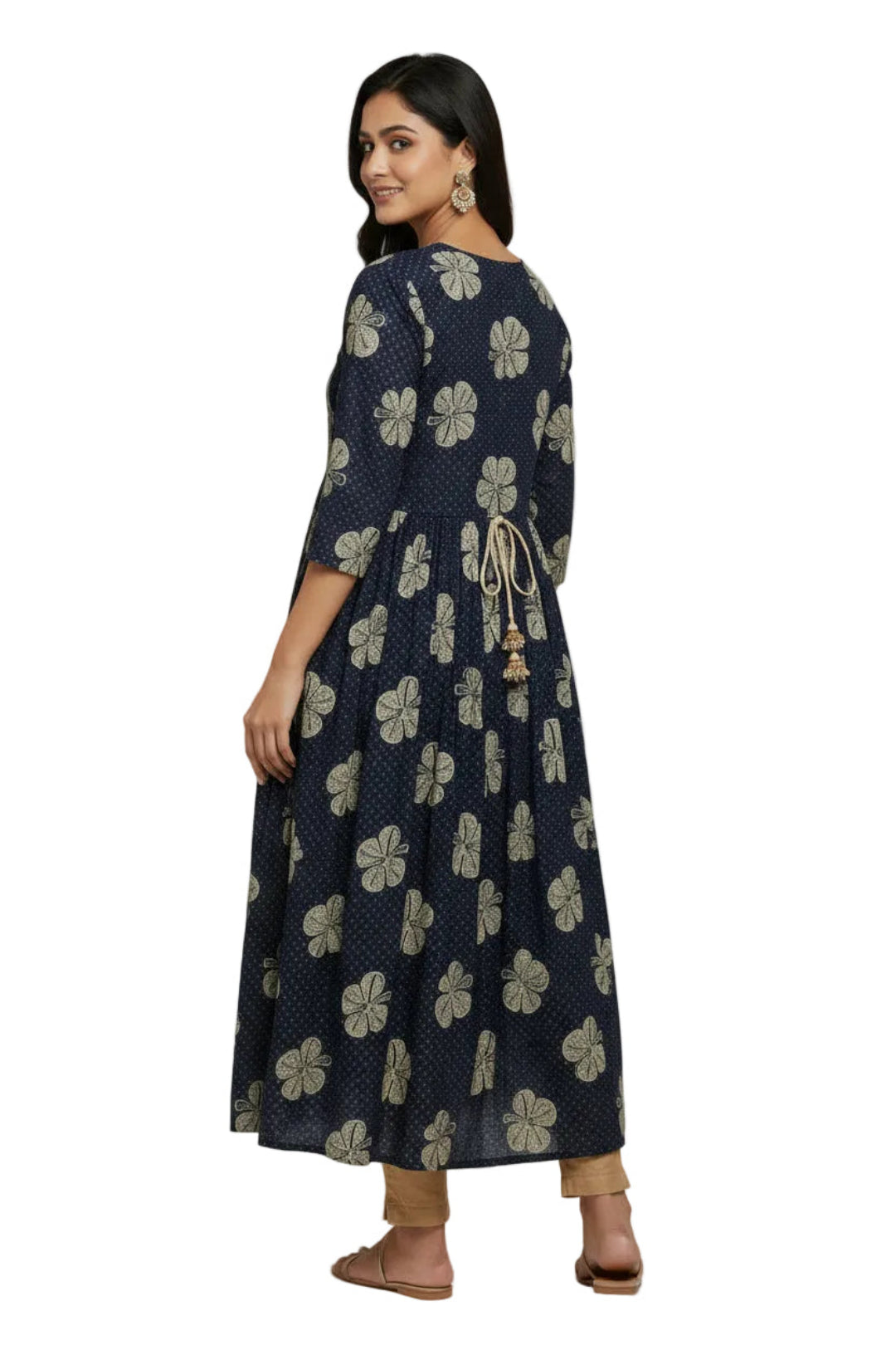 Navy blue dress with gold floral patterns on a white background