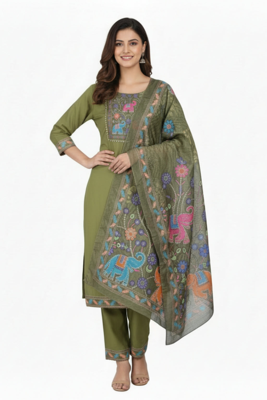 Green embroidered outfit with matching dupatta on hangers against a white background