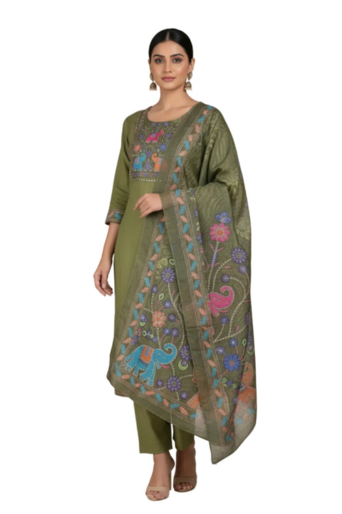 Green embroidered outfit with matching dupatta on hangers against a white background