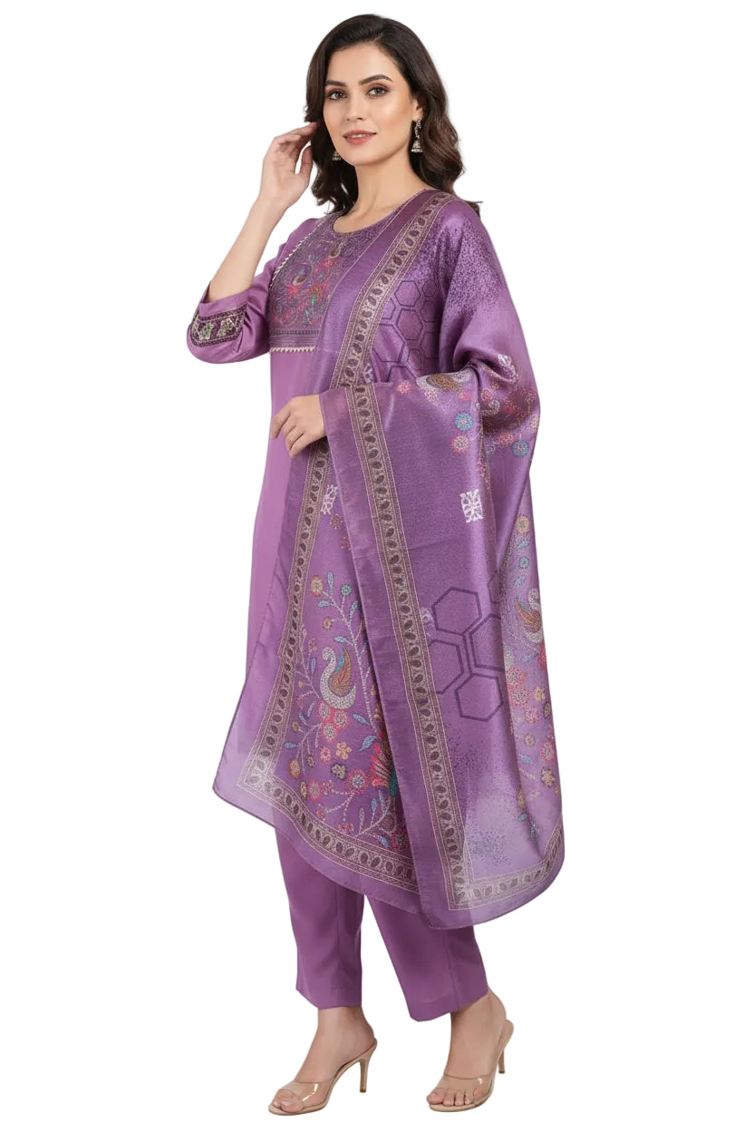 Two women wearing matching purple traditional outfits with intricate designs on a white background.