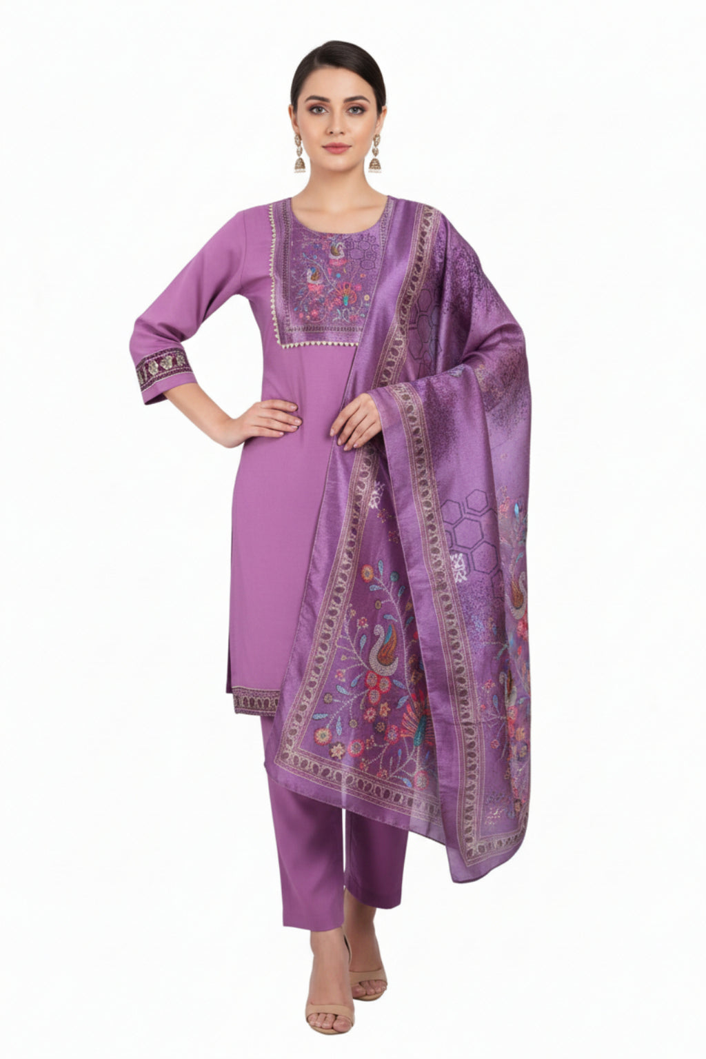 Purple traditional outfit with embroidered dupatta on a white background