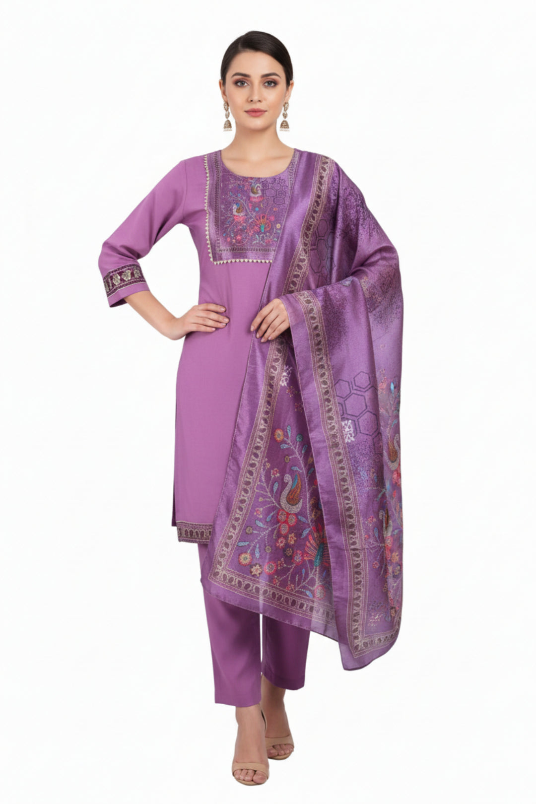 Purple traditional outfit with embroidered dupatta on a white background