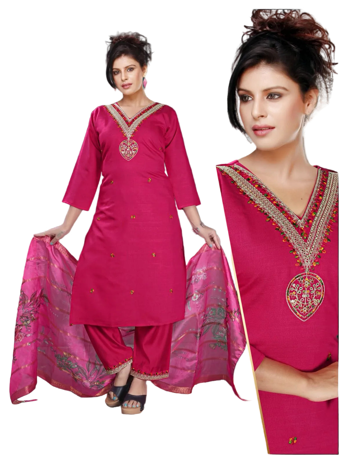 Woman wearing a Rani Pink traditional outfit with intricate designs, standing against a green background.