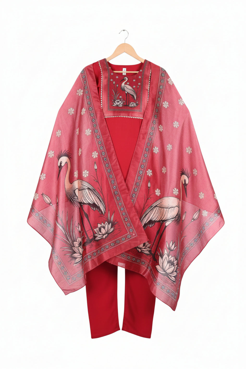 Red traditional outfit with floral patterns and a matching dupatta, worn by a model against a white background.