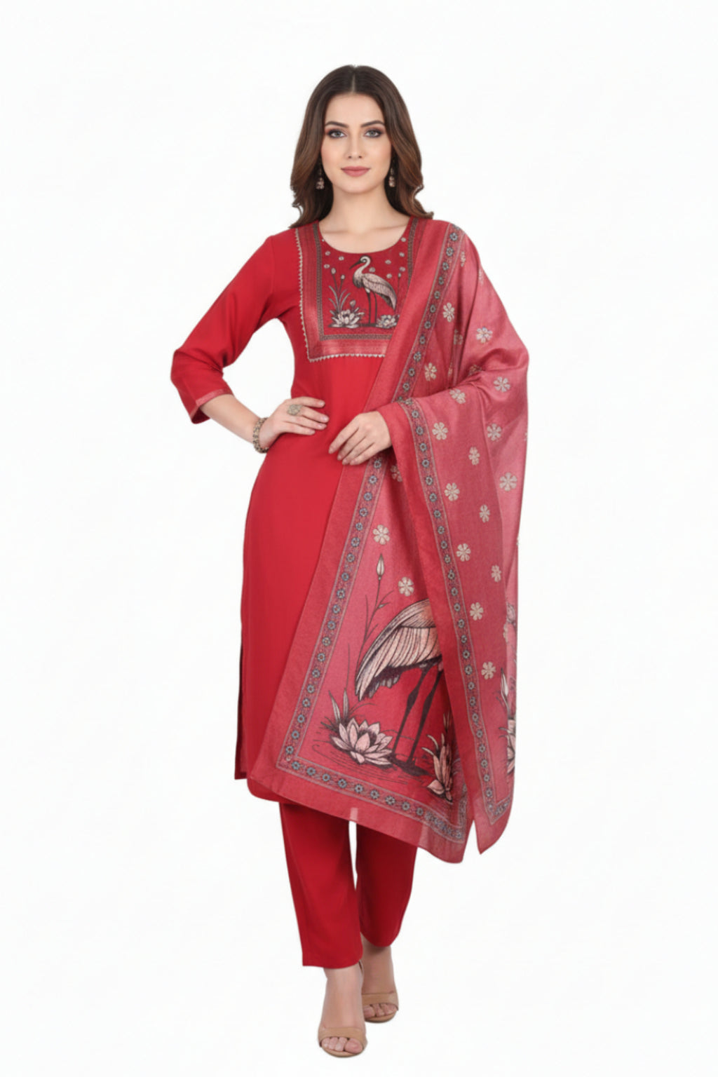 Red scarf with bird and flower pattern draped over a red outfit on a white background