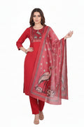 Red traditional outfit with matching dupatta on a white background