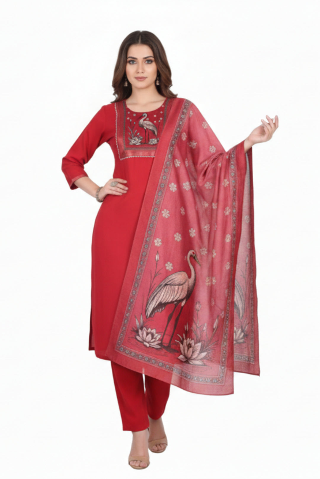 Red traditional outfit with matching dupatta on a white background