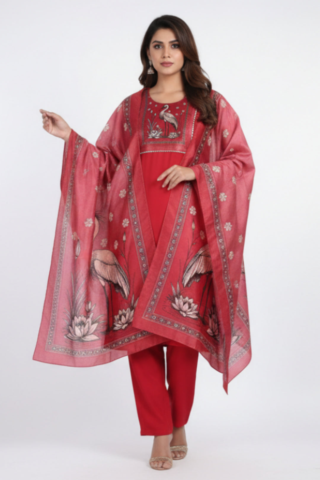 Red scarf with bird and flower pattern draped over a red outfit on a white background