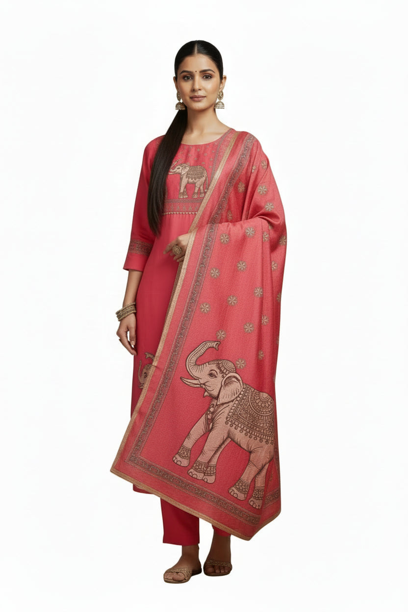 Rose Pink Elephant Printed Kurta Set