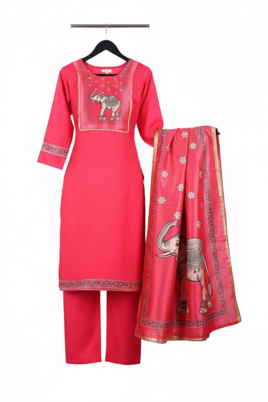 Red traditional outfit with elephant design on a white background