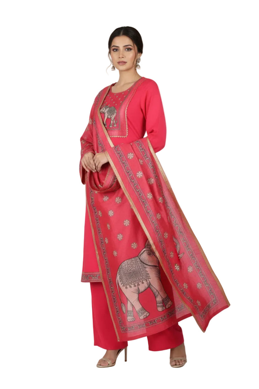 Red traditional outfit with elephant design on a white background