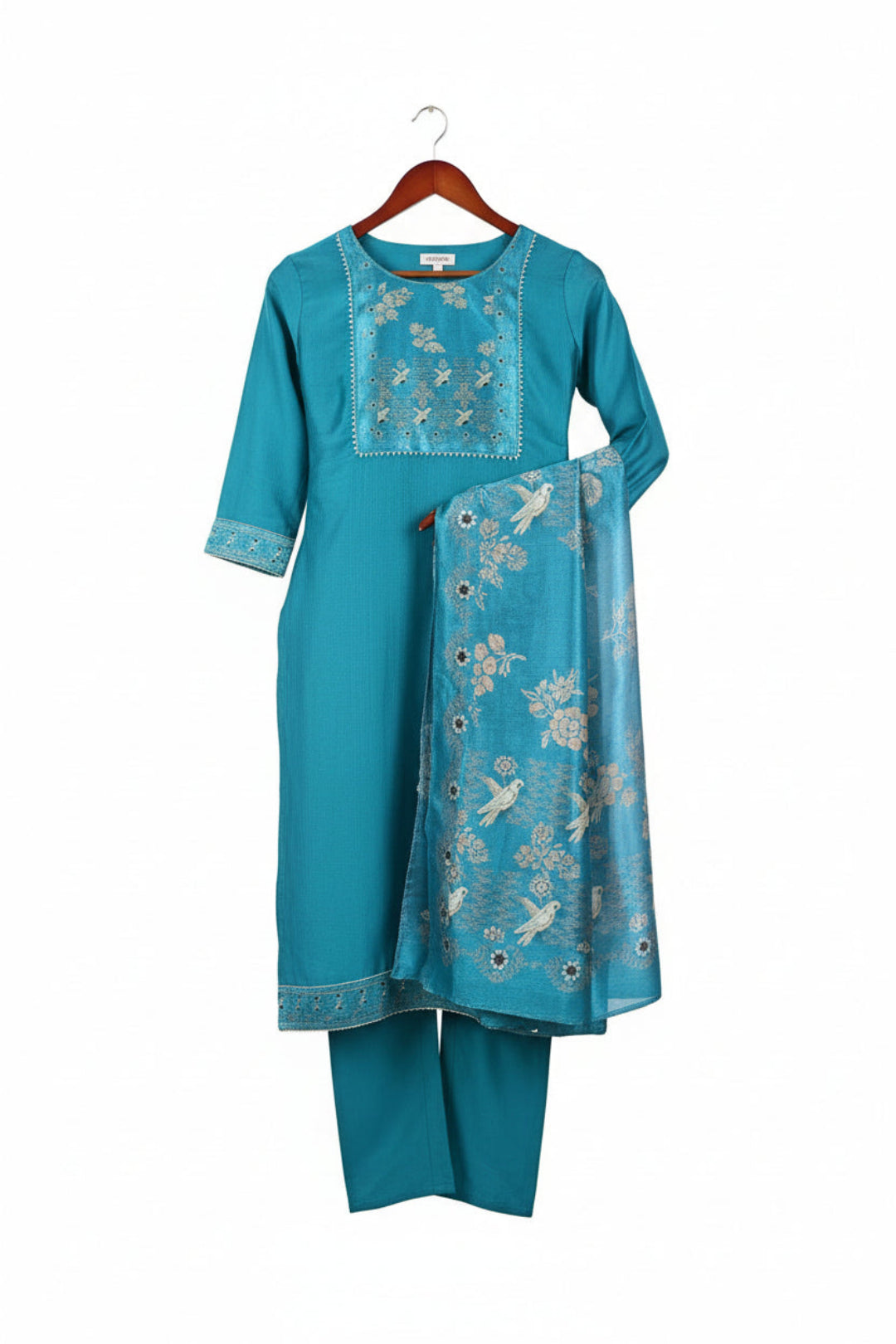 Teal traditional outfit with matching dupatta on a white background.