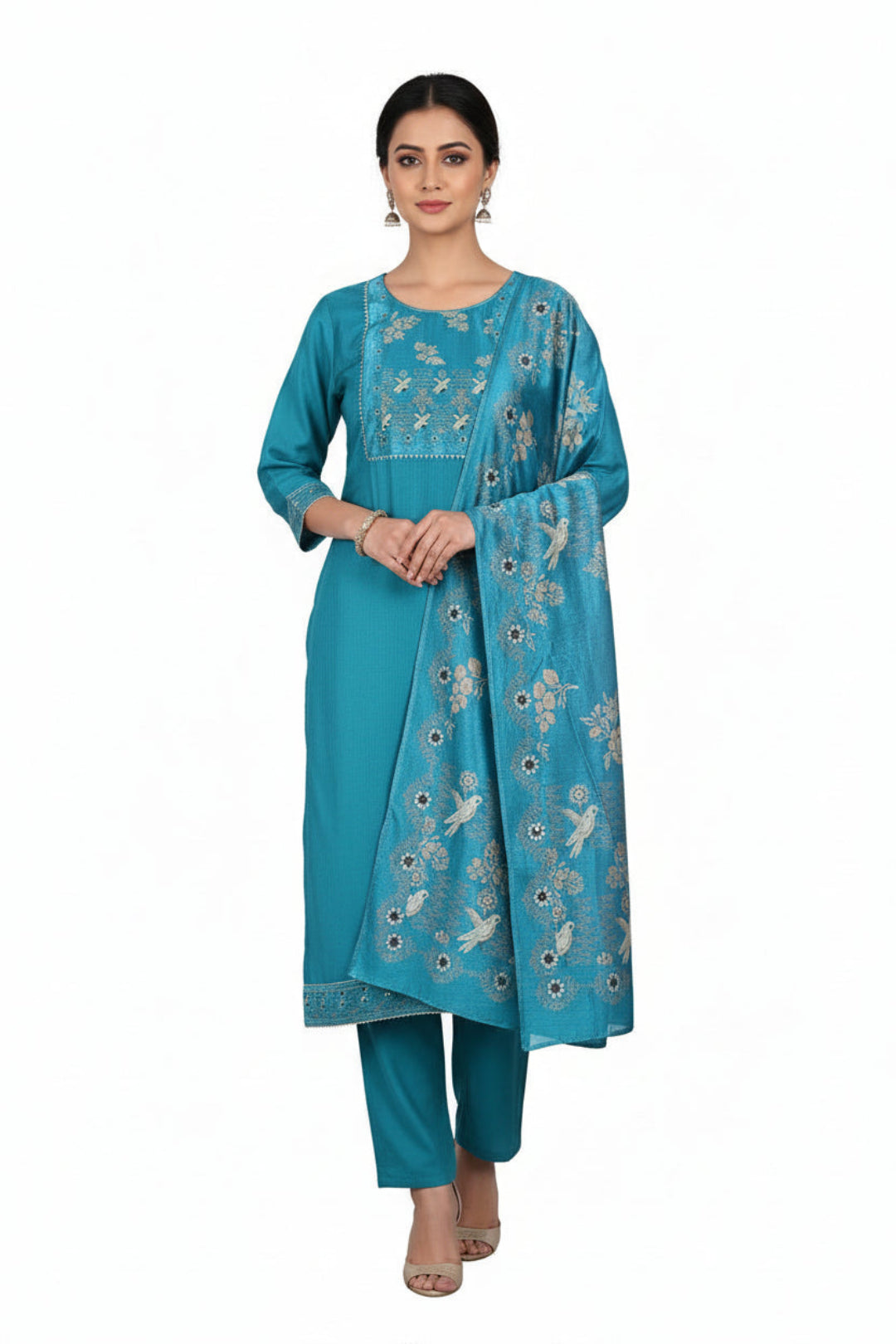 Teal embroidered outfit with matching dupatta on a hanger against a white background