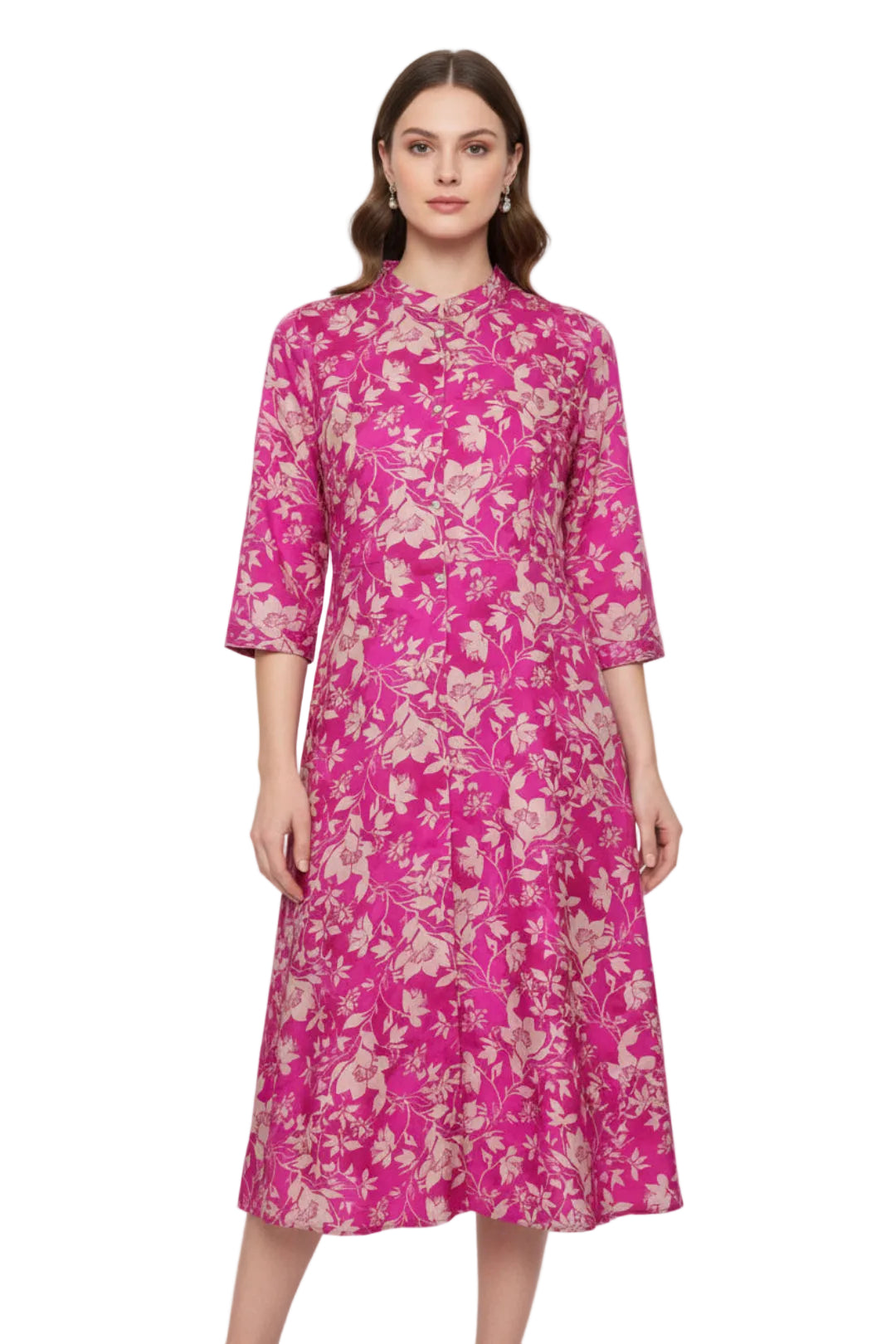 Pink floral dress on a hanger against a white background