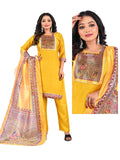 Yellow traditional outfit with intricate patterns on a white background, featuring the brand 'KJ4U'.
