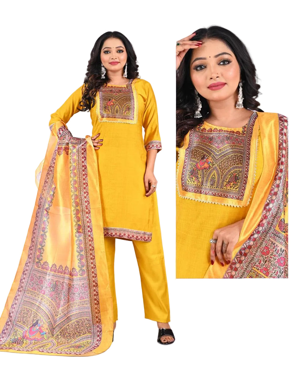 Yellow traditional outfit with intricate patterns on a white background, featuring the brand 'KJ4U'.
