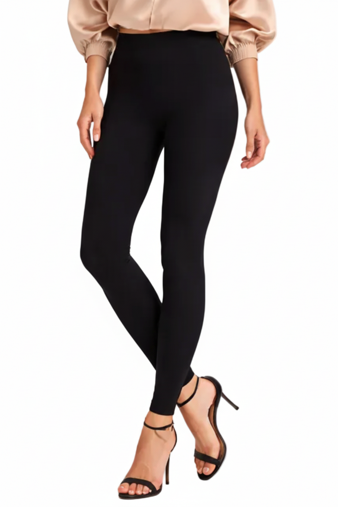 Person wearing black leggings and high-heeled shoes on a white background