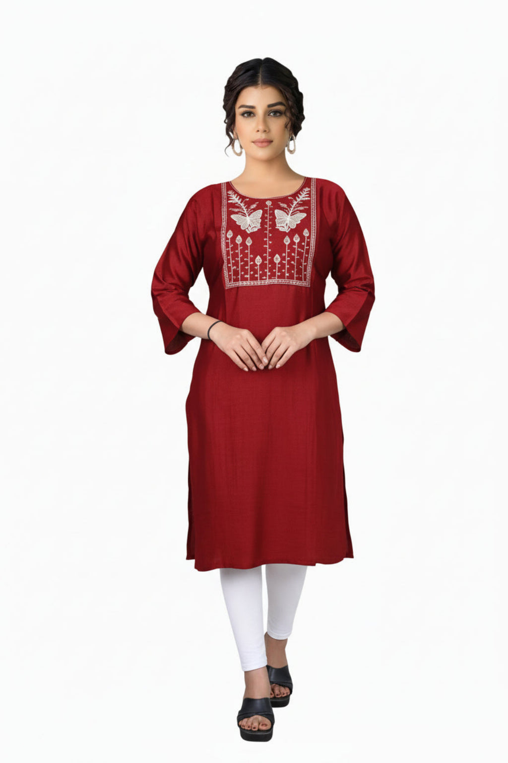 Red embroidered kurta with white patterns worn by a model on a white background