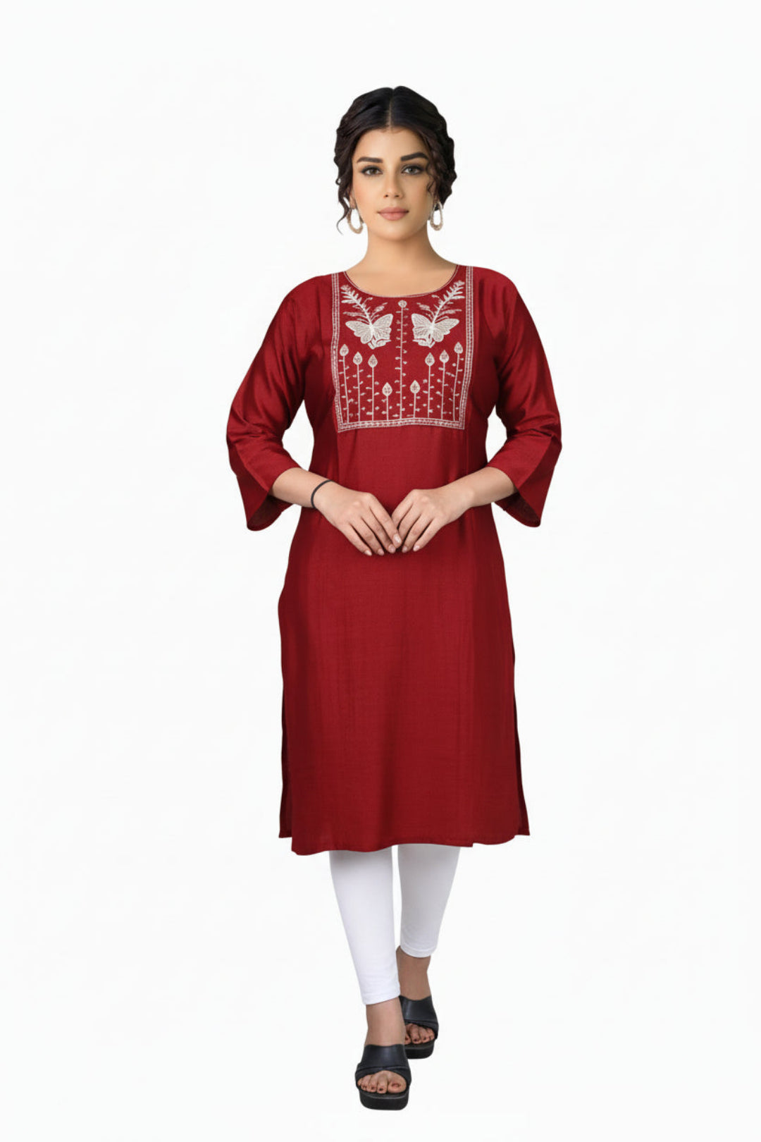 Red embroidered kurta with white patterns worn by a model on a white background