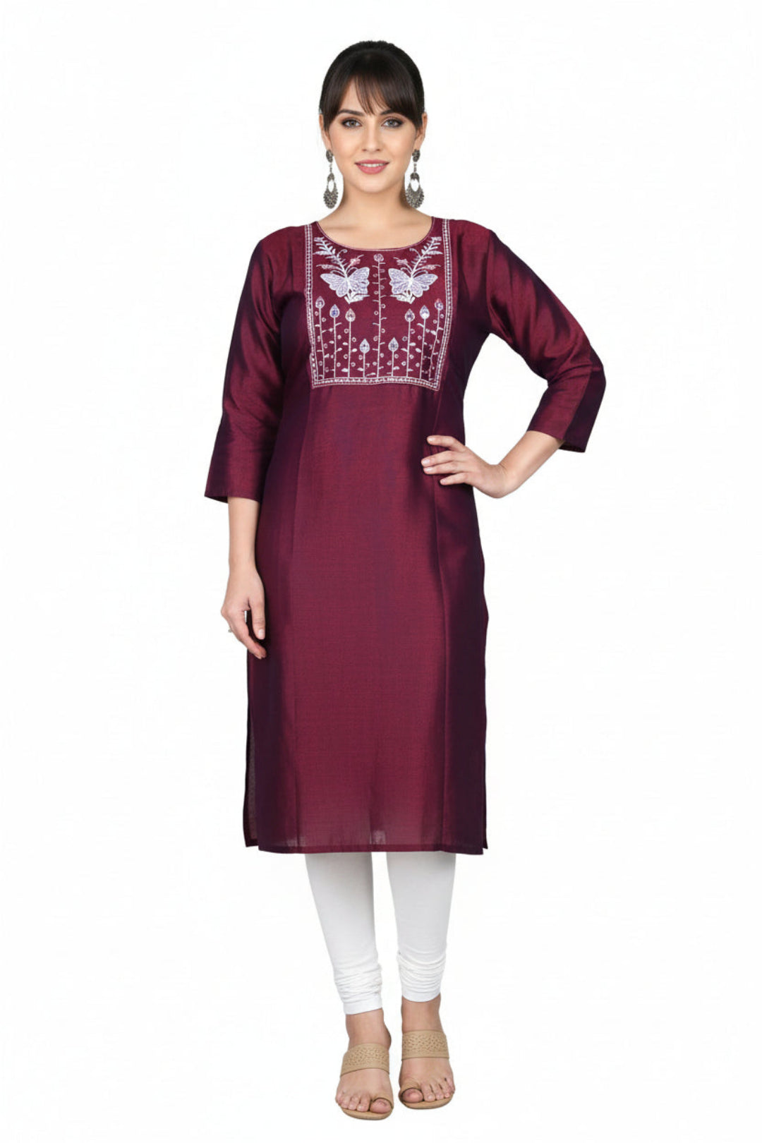 Maroon embroidered kurta with white patterns worn by a model on a white background