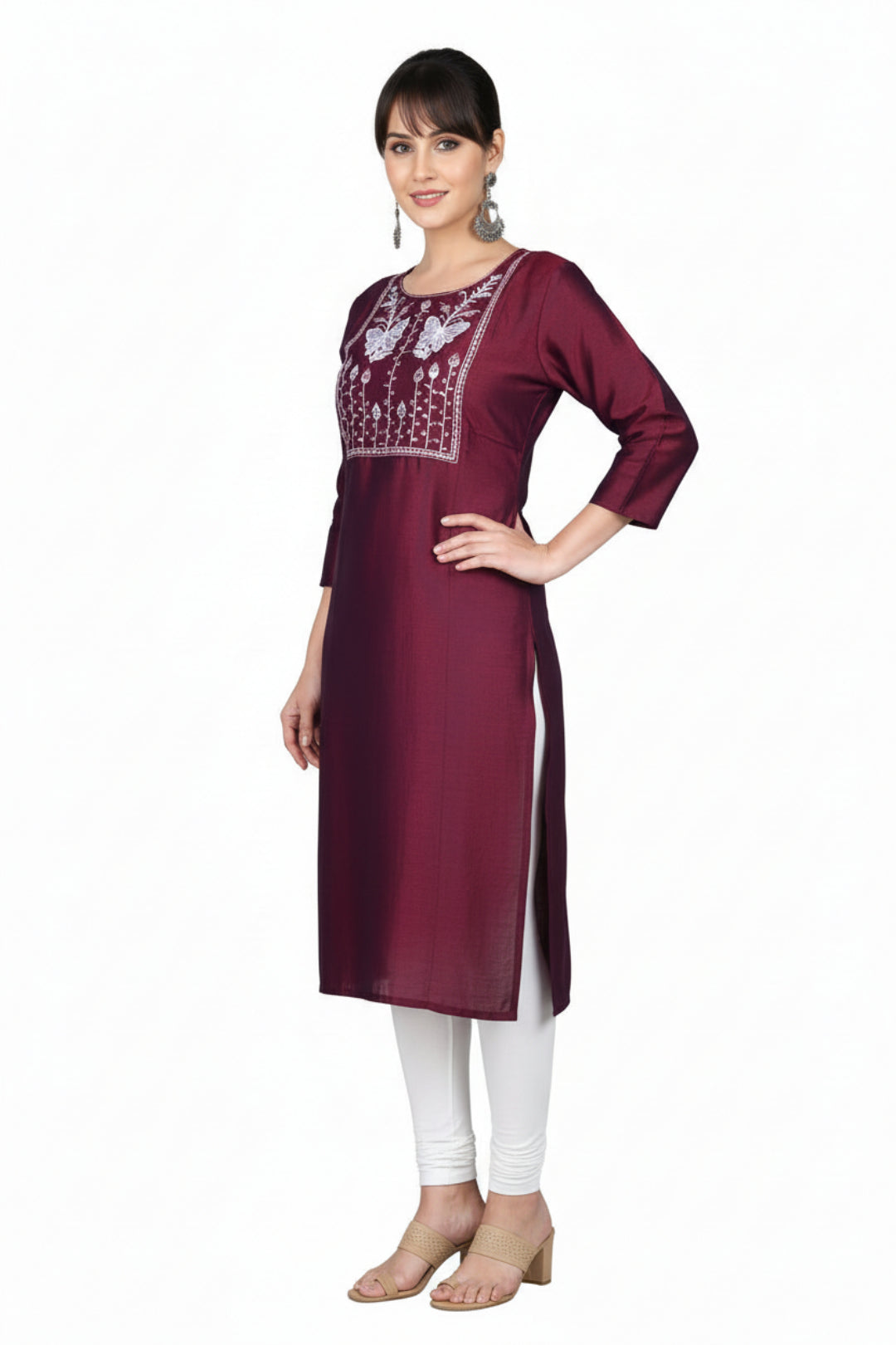 Maroon kurta with white embroidery on a white background