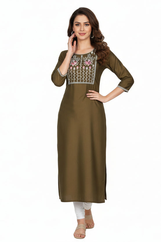 Two women wearing olive green kurtis with intricate white and pink embroidery on a white background.