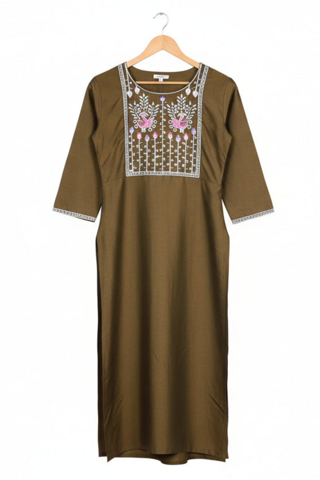 Brown dress with floral embroidery on a hanger against a white background