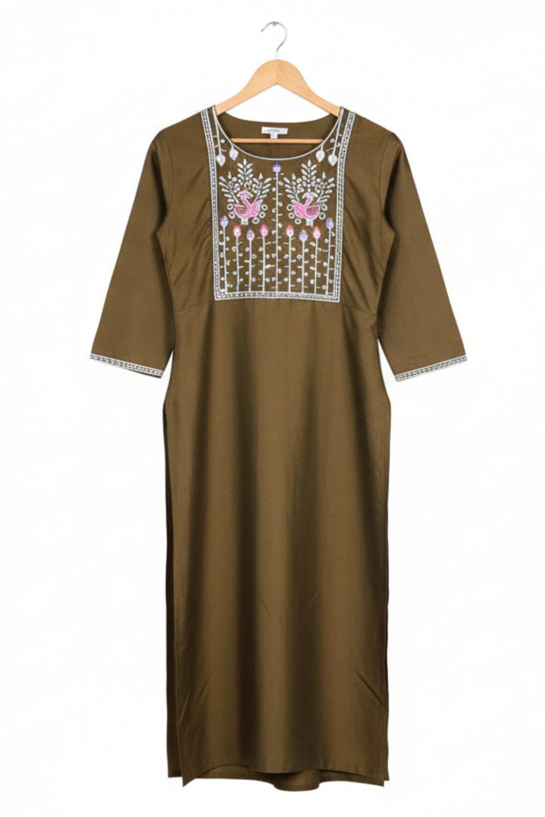 Brown dress with floral embroidery on a hanger against a white background