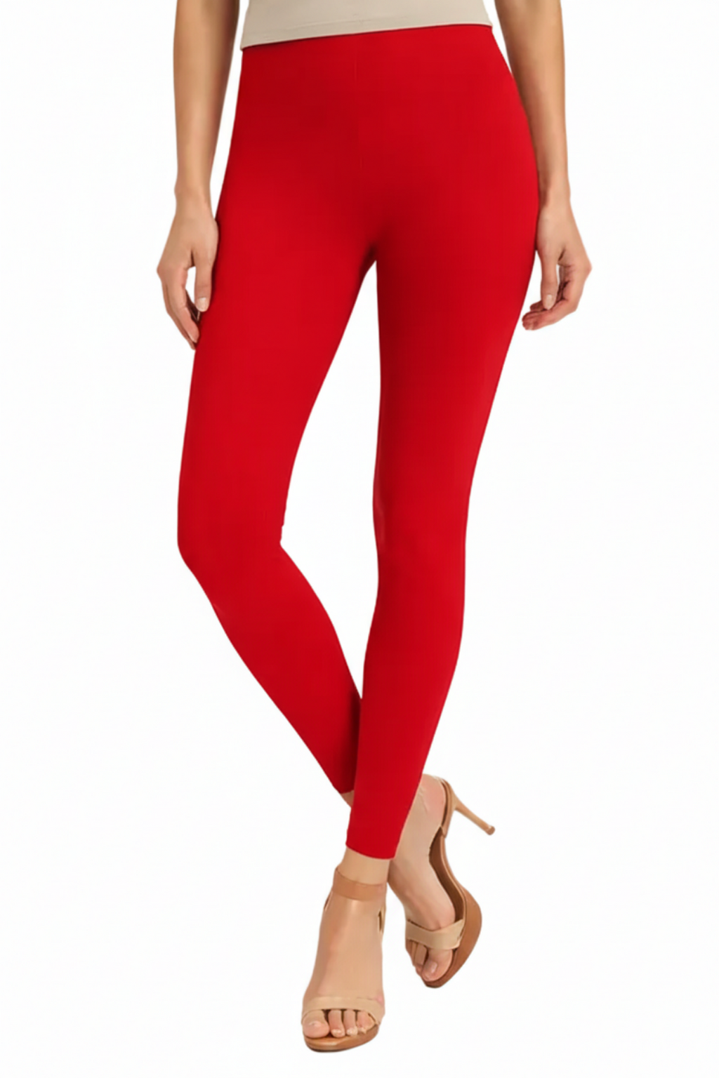 Red leggings worn by a person on a white background