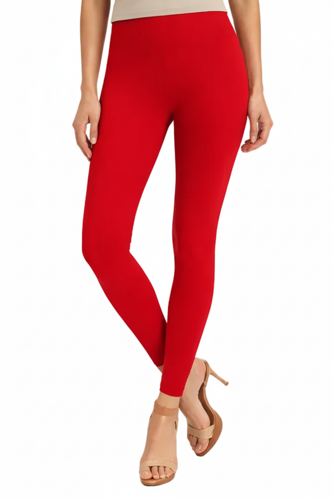 Red leggings worn by a person on a white background