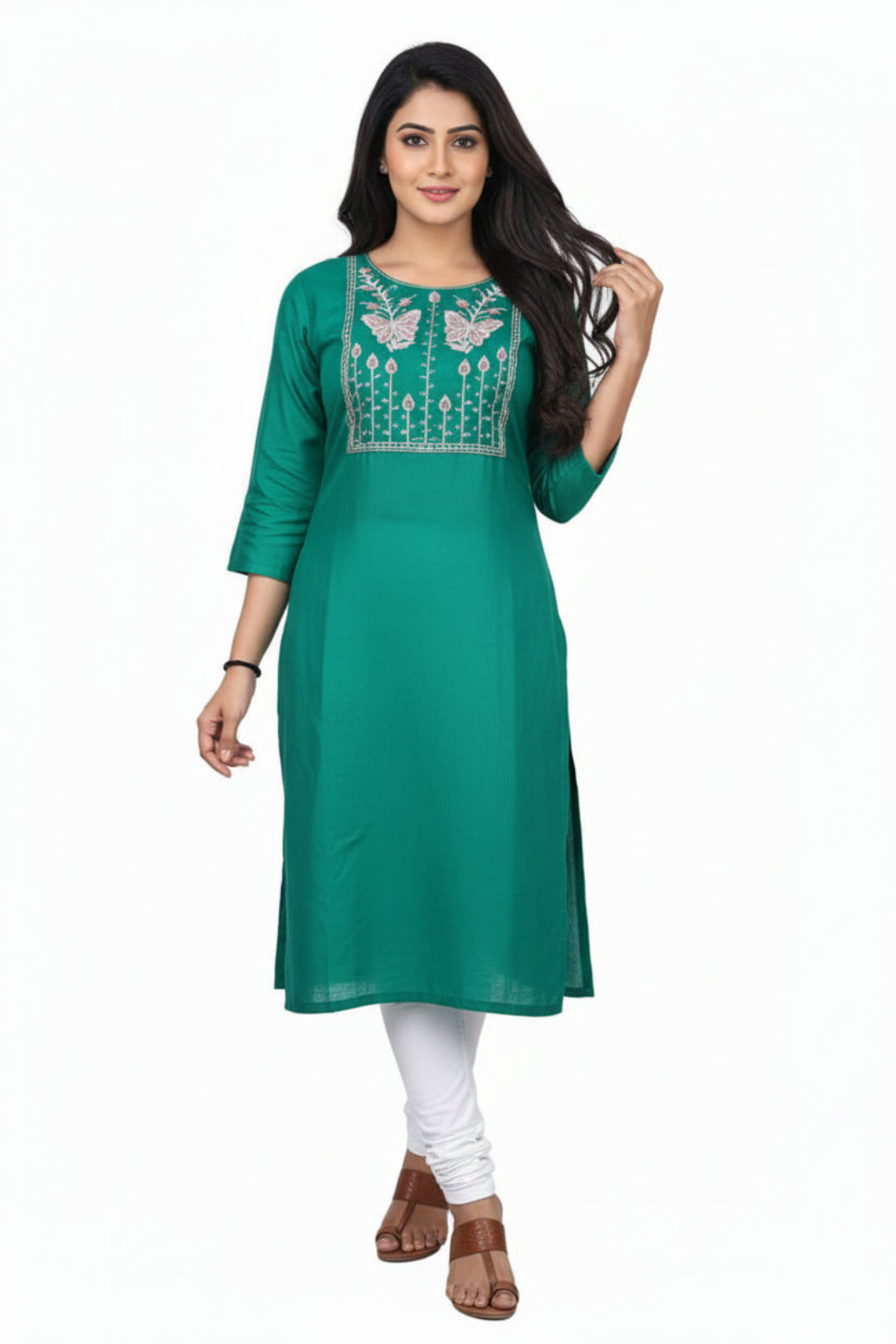 Green kurta with white embroidery on a white background